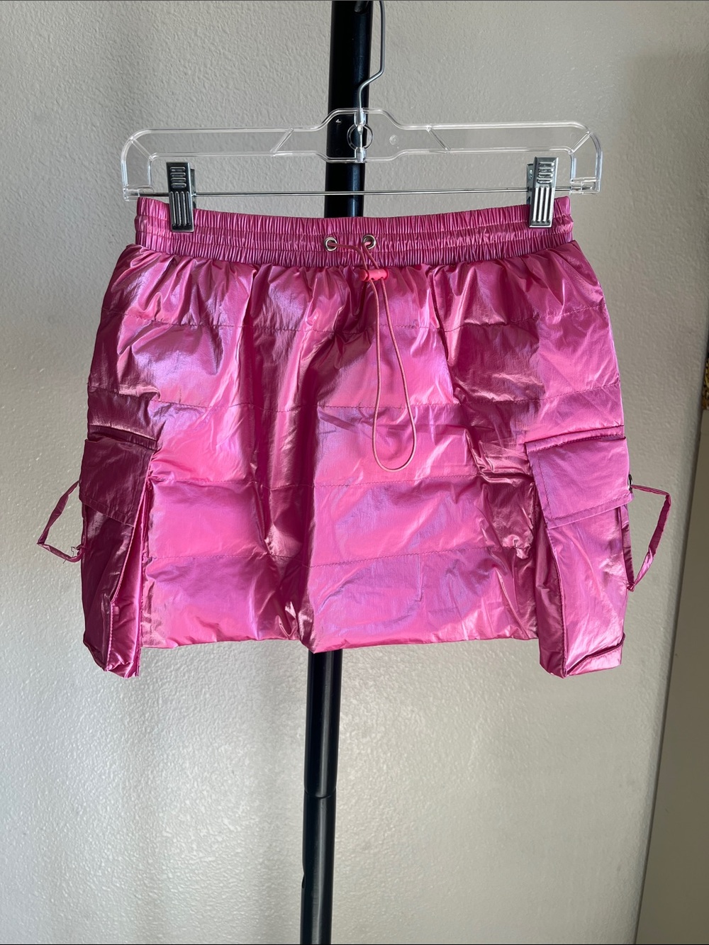 Pink Puffer Cargo Mini Skirt with Drawstring Waist